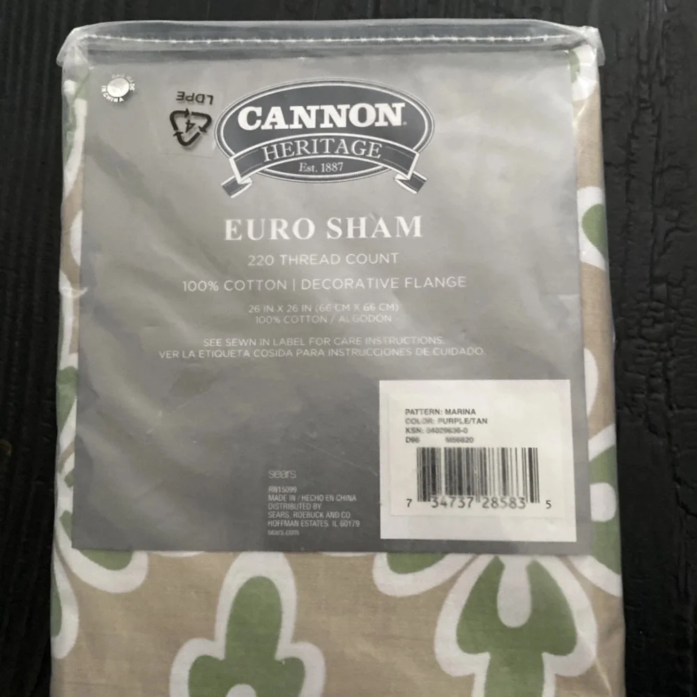 Cannon Vintage Euro Sham Pillowcase Set (2) Green‎ Tan Floral NEW Deadstock